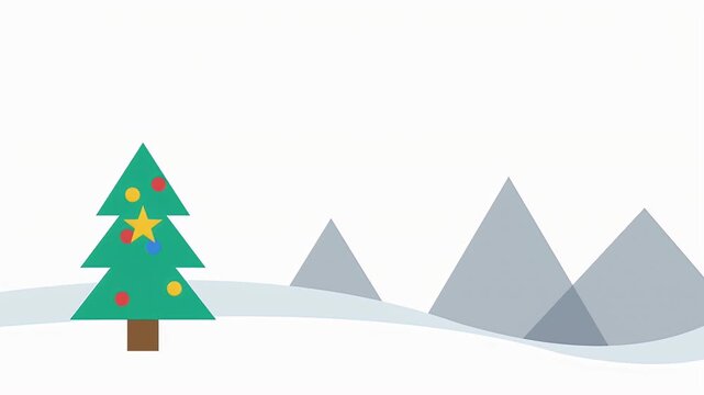 A simple vector illustration of a green Christmas tree with a yellow star and ornaments in a snowy mountain scene