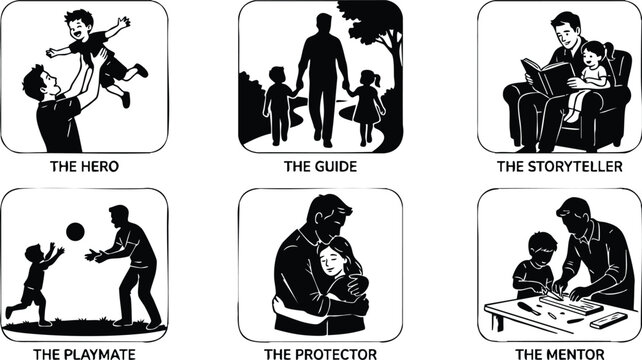 Black and white father and child roles vector art with hero guide storyteller playmate protector mentor