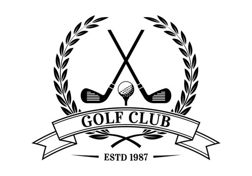 Golf club logo, icon or badge with crossed golf clubs and ball on tee. Vector illustration.  