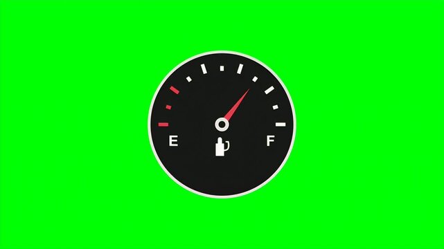 An animated car fuel gauge needle moves from empty to full indicating a vehicle tank being refilled with petrol.