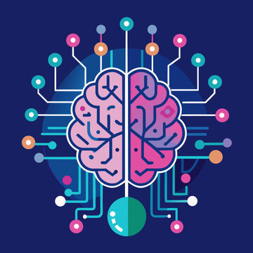 Colorful abstract brain with digital network connections and nodes, machine lear