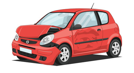 Fototapeta premium A vibrant red hatchback car exhibits a significant dent on its side door and a damaged front bumper following a serious vehicular collision on white surface.