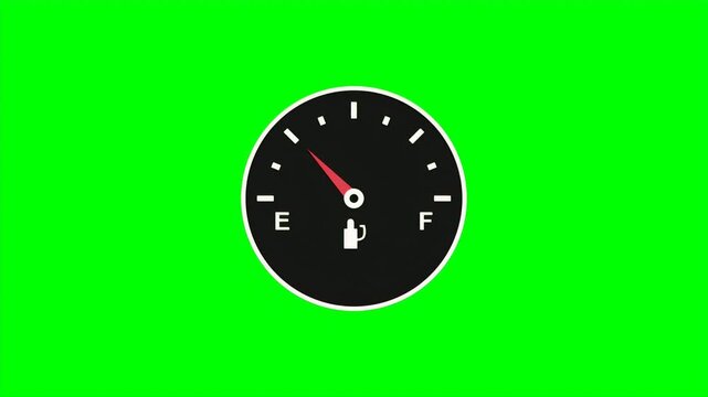 Animated car fuel gauge with a red needle moving from empty to full indicating the tank is being refilled