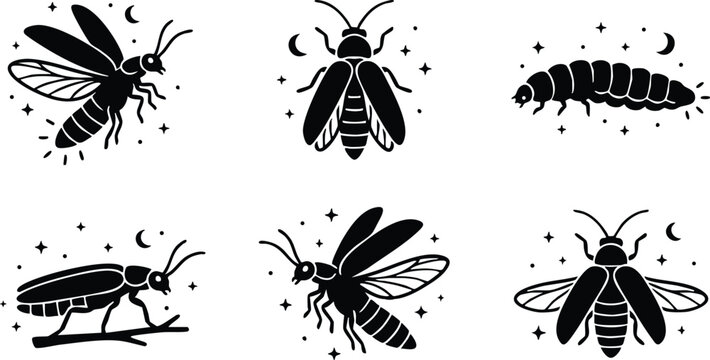 Bee insect with wings and larva silhouette