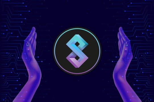 Images of cryptocurrency logos on digital background. solanium-slim coin. 3d illustrations.