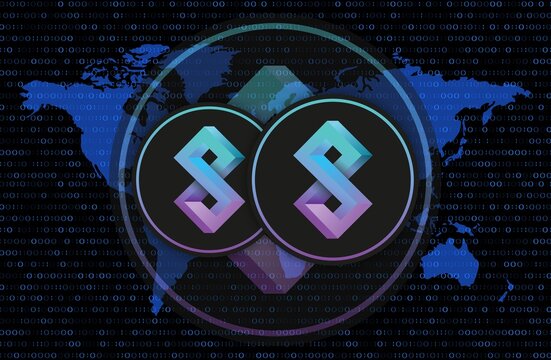 Images of cryptocurrency logos on digital background. solanium-slim coin. 3d illustrations.