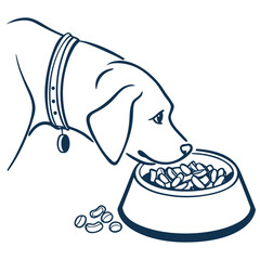 Dog eating from a food bowl with kibble scattered line art domestic nutrition © Sharmin