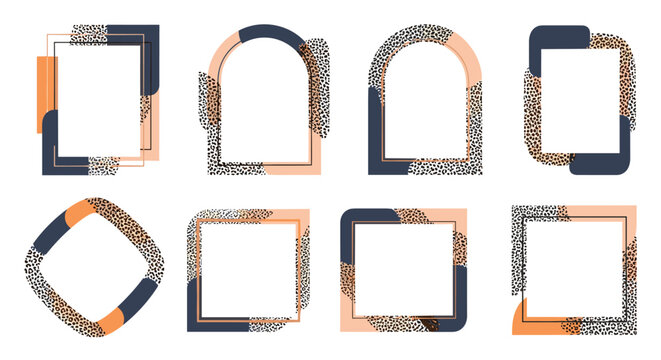 Collection of eight modern abstract frames with leopard print details and geometric shapes in a contemporary terracotta and navy palette.