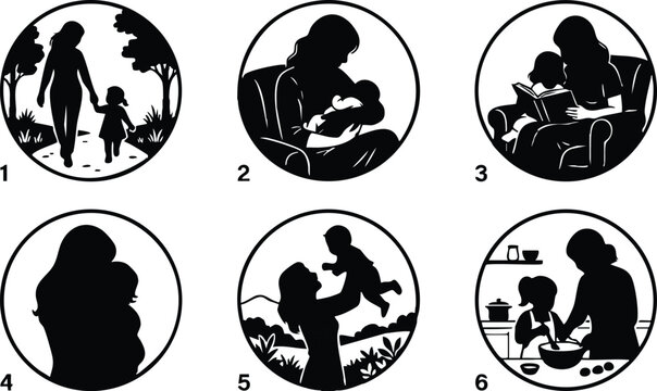 Black and white silhouette mother and child scenes in circular frames