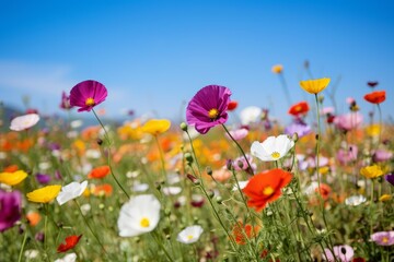 Fototapeta premium Colorful wildflowers creating a vibrant field under a summer blue sky