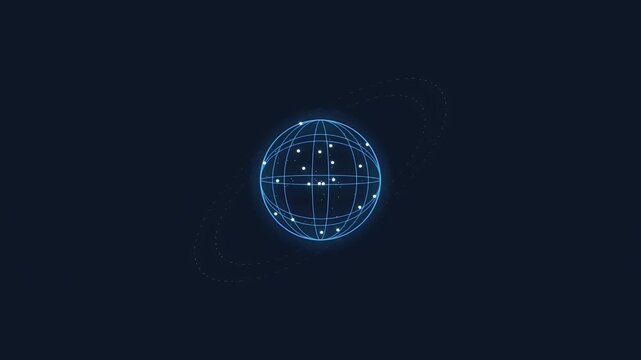 Blue digital globe with glowing grid lines and particle rings rotating to represent global connectivity and data