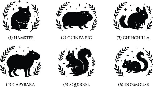 Black silhouette vector art of hamster guinea pig chinchilla capybara squirrel and dormouse with laurel wreath