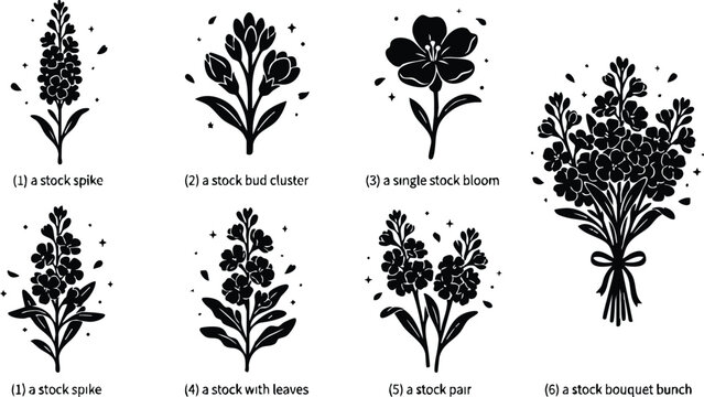 Black and white stock flower bouquet bunch with spike bud and bloom vector art