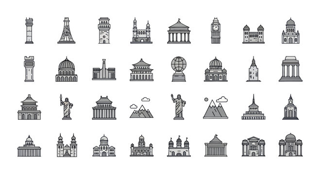 Collection of Famous Landmark Buildings and Monuments, Pixel Art Style