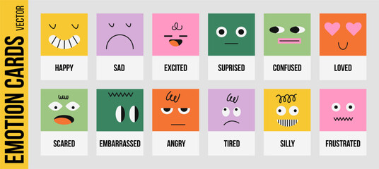 Colorful vector emotion cards set featuring abstract face characters labeled with different feelings. Educational emotional intelligence toolkit for kids, therapy, classrooms and social emotional lear © bosotochka