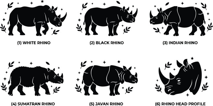 Silhouette set of white black indian sumatran and javan rhino with head profile vector art