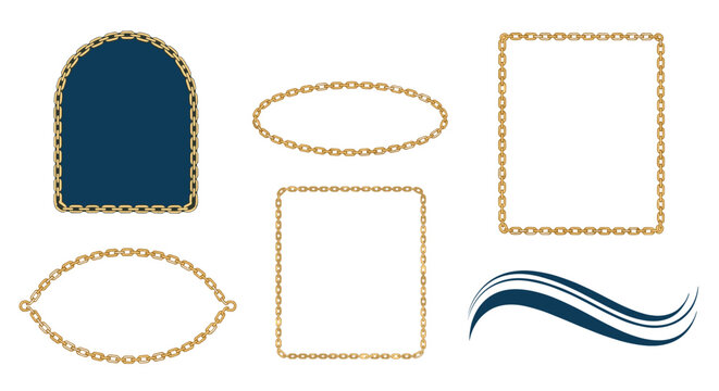 Set of elegant golden chain frames and borders in various geometric shapes for luxury branding and sophisticated designs.