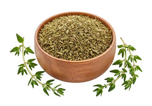 Dried thyme leaves in wooden bowl with fresh thyme sprigs isolated on transparent background transparent background
