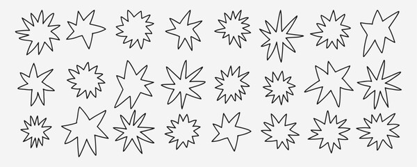 Hand drawn abstract star shapes collection in modern doodle style. Colorful outline stars isolated on light background for design, logos, and patterns. © bosotochka