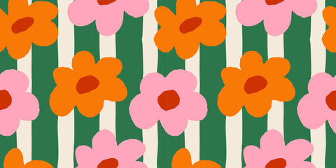 Seamless bold floral pattern with abstract flowers in retro style, colorful repeat background for textiles, wallpapers, and surface design © bosotochka
