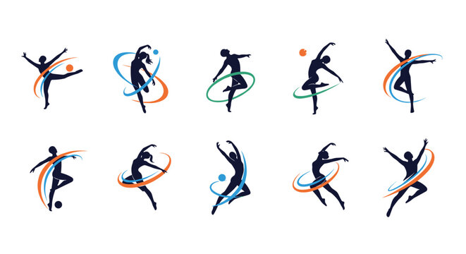 Collection of rhythmic gymnastics silhouettes performing various poses with ribbons and hoops highlighted by colorful blue and orange flowing lines.