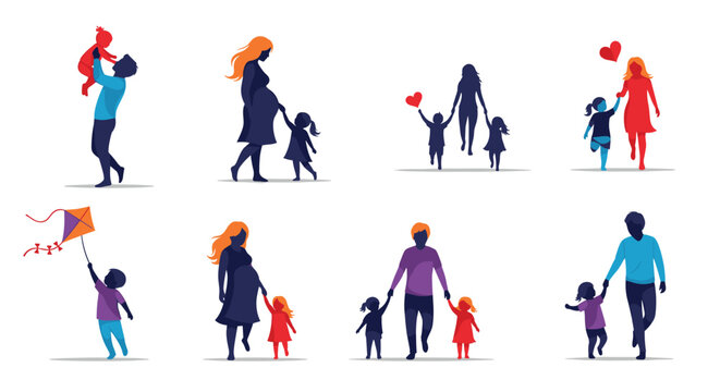 Colorful silhouettes of parents and children engaged in different bonding activities like walking, playing, and celebrating together on a white background.