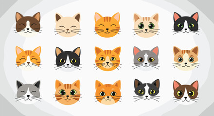 Obraz premium Delightful collection of various cat face illustrations featuring different breeds, colors, and expressions in a clean and cute cartoon style.