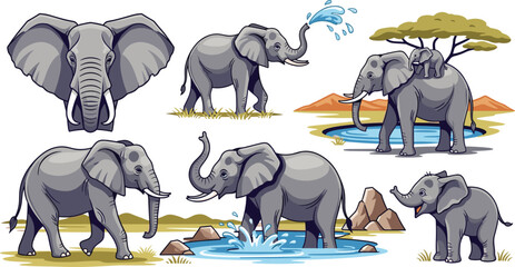 Set of Elephant Illustrations in Various Poses and Habitats for Wildlife, Safari, and Nature Designs, Vector Art © Shahanaj