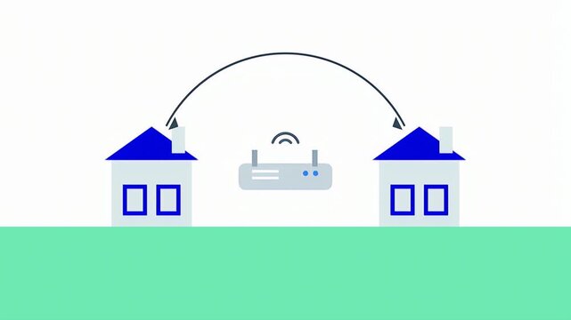 Flat vector illustration of two houses connected by a wireless router signal for home networking