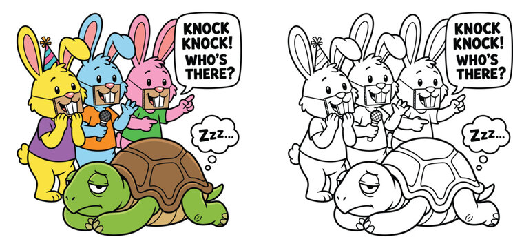 Three Colorful Bunnies Telling a Knock-Knock Joke to a Sleeping Turtle