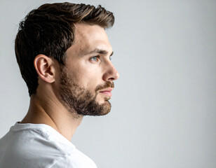 Obraz premium Thoughtful white man in profile with distant gaze and pensive expression looking away in studio portrait on white background