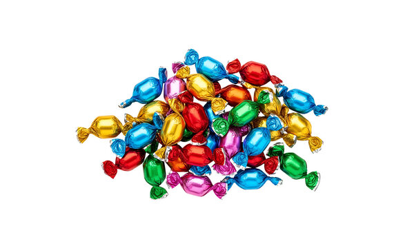 A pile of colorful wrapped candies on white background transparent background