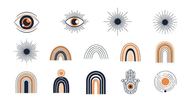 Collection of mystical and bohemian icons featuring celestial eyes, sunbursts, rainbows, and a hamsa hand in earth tones for modern spiritual design.