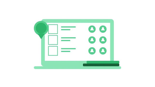 Green laptop screen illustration displaying a digital list of user profiles and location pin data for business management