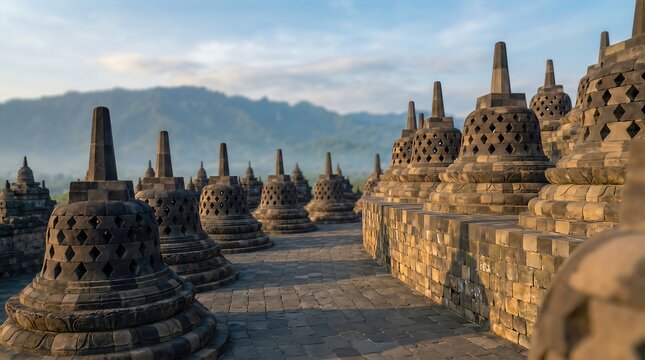Ancient stone stupas at Borobudur Temple complex in Indonesia, surrounded by lush green hills and a clear blue sky, showcasing intricate carvings and historical architecture