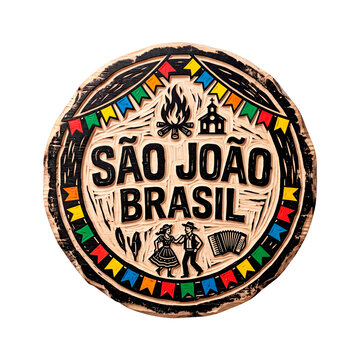 A decorative wooden disc with the words Sao Joao Brasil etched on it, with festive imagery, perfect for celebrations