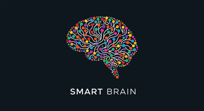 Smart brain concept illustration featuring a human brain silhouette made of colorful dots and lines on a dark background.