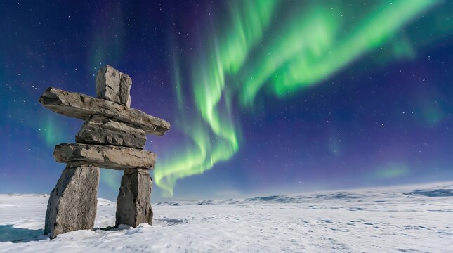 Inukshuk stone structure stands on snow-covered ground under vibrant northern lights in the Arctic, showcasing natural beauty and cultural significance of the region