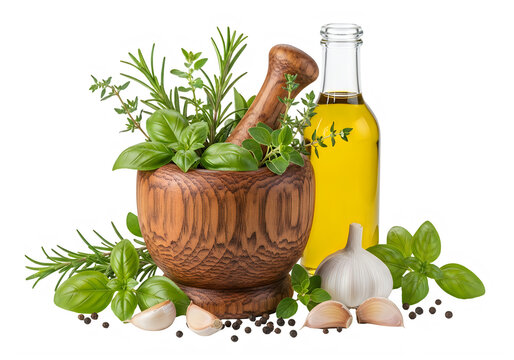 Mortar with herbs and spices for cooking and food preparation at home one essential tool transparent background