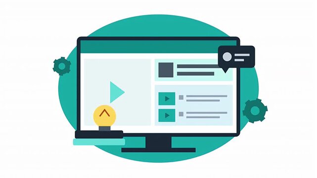 Flat vector illustration of a computer monitor displaying a video streaming platform with educational content and creative icons