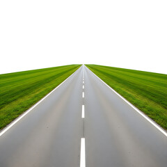 Obraz premium Empty road stretching to horizon with green grassy banks and white dividing lines.