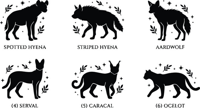 Black silhouette spotted hyena striped hyena aardwolf serval caracal ocelot animals vector art