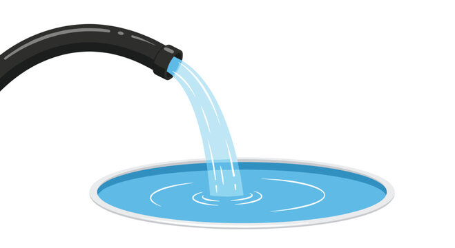 A thick black industrial pipe discharges a powerful stream of blue water into a circular pool or tank against a clean and empty white background.