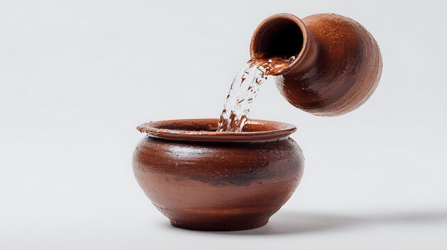 Brown clay pot pouring water into another pot on a plain background