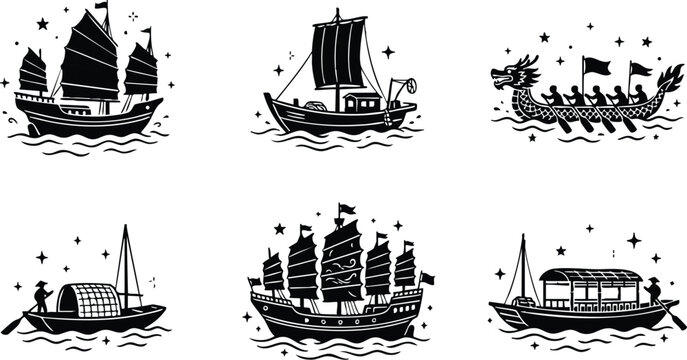 Six traditional asian boats with sails crew and rowers on water