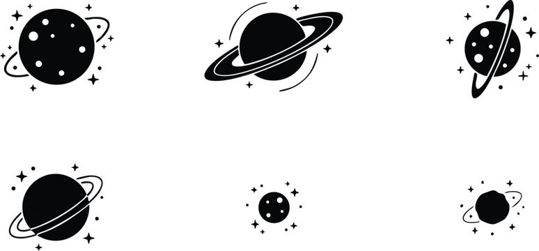 Black and white flat design planets with rings and stars vector art