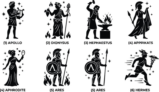 Greek gods apollo dionysus hephaestus aphrodite ares hermes in silhouette style