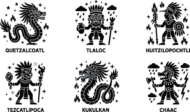 Black and white stylized aztec gods quetzalcoatl tlaloc huitzilopochtli tezcatlipoca kukulkan and chaac vector art