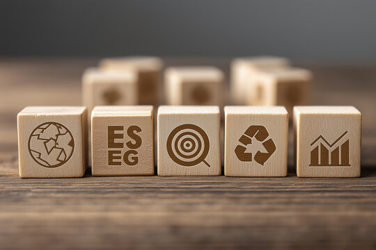 ESG strategy concept. wooden blocks showing environmental social and governance icons, target symbol. measurable sustainability goals, corporate responsibility planning. long-term business performance
