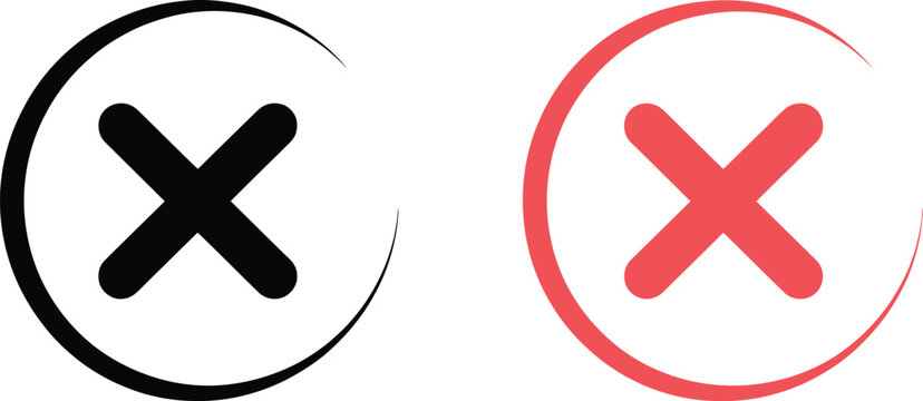 X mark icon set, bold black and red cross symbols with curved line accents representing cancel reject delete and error notification graphics.